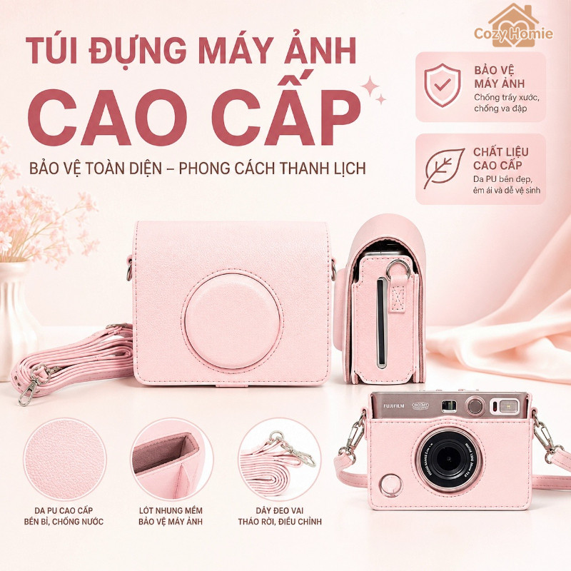 Túi bảo vệ máy ảnh bằng da PU màu hồng cho máy ảnh Instax Mini EVO, kèm dây đeo vai, bảo vệ máy ảnh của bạn.