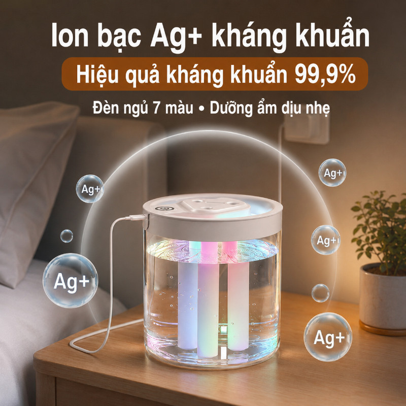Máy Tạo Ẩm 1.5L – Phun 3 Cửa, Đèn 7 Màu, Vận Hành Yên Tĩnh – Cho Phòng Ngủ & Gia Đình, Không Khí Dễ Chịu