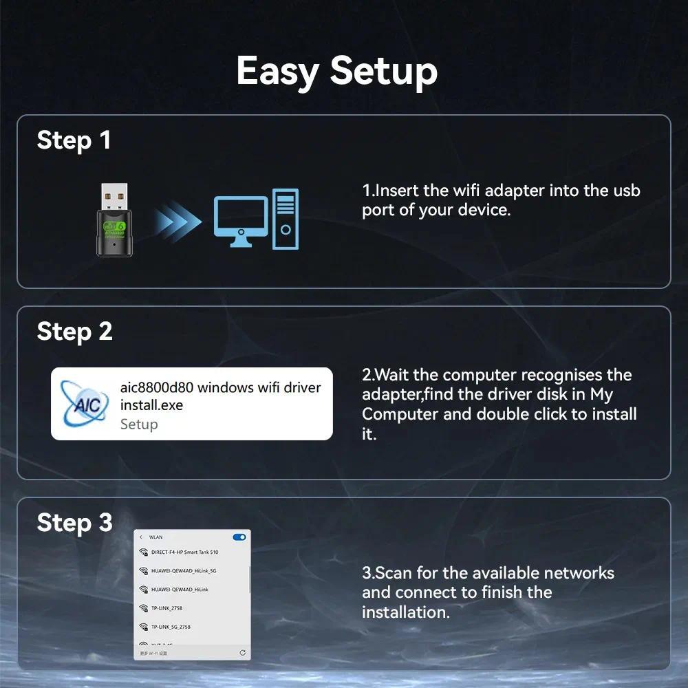 [Sẵn sàng] Card mạng không dây USB 600Mbps WiFi 6 2.4G / 5GHz Bluetooth 5.4 USB Wifi Dongle Adapter Driver-Miễn phí cho PC Win10 / 11