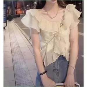 Áo sơ mi voan xù khí chất, Áo ngắn tay bay mùa hè Slim-fit không đều