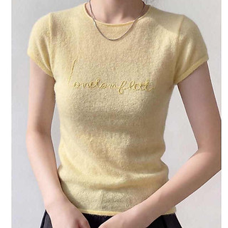 Áo thun ngắn tay thêu màu vàng dành cho nữ mùa hè Thiết kế đẹp độc đáo Dệt kim Ice Silk Top