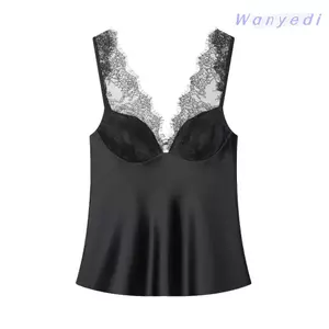 Áo tăng nữ WANYEDI, Áo hai dây ren gợi cảm cổ chữ V, Áo không tay mùa hè kiểu Pháp thường ngày cho đường phố dự tiệc