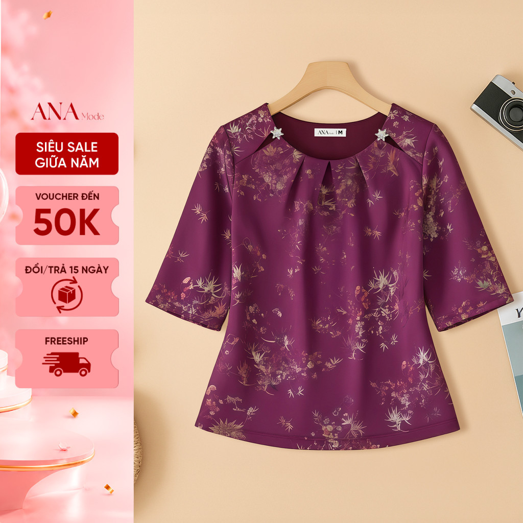 Áo Kiểu Truyền Thống Trung Niên ANA Mode Chất Liệu Gấm Ánh Kim Thanh Lịch Quà Tặng Mẹ AK25VHG09