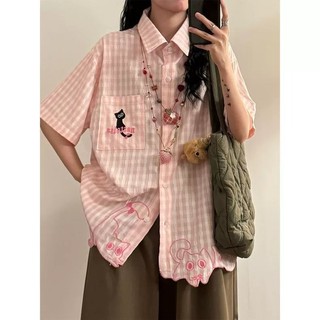GKSSS Áo sơ mi mới tay ngắn họa tiết mèo Nhật Bản chất lượng cao phong cách trung tính phong cách đại học