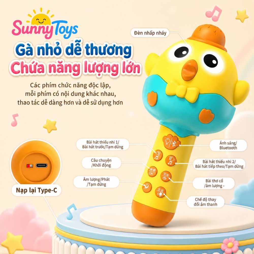 Micro Gà Con SunnnyToys Có Bluetooth - Đồ Chơi Karaoke Sạc Điện Cho Bé Vui Hát