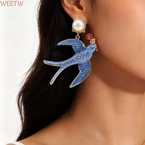 WEETW Dệt Vòng Cổ Ngọc Trai Baroque, Sơn Phun Chim Động Vật Xanh Men Nuốt Vòng Cổ, Hợp Kim Chim Tinh Tế Vintage Bông Tai Hình Học Cô Dâu