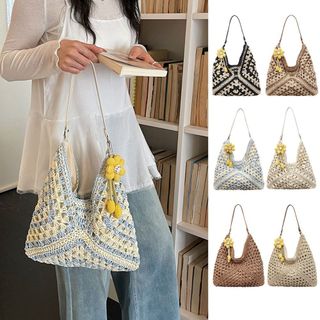 HOBBYIN Túi rơm HOBBYIN dành cho nữ, Mặt dây chuyền hướng dương Túi xách đi biển dung tích lớn, Túi dệt hợp thời trang Bohemian Túi đeo vai rỗng mang theo hàng ngày