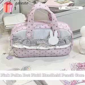 Bút chì GAVESTO, Túi đựng bút chì kẻ sọc chấm bi màu hồng cầm tay, thẩm mỹ với Itabag Túi đựng bút nhiều ngăn dung tích lớn Đồ dùng học tập