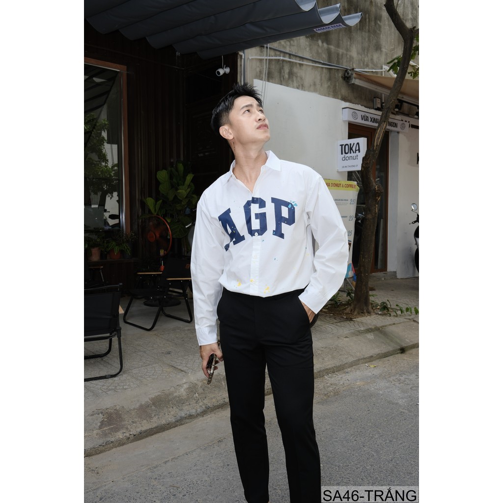 SA46 - Áo sơ mi nam dài tay in chữ AGGP phong cách streetwear, dáng rộng, chất cotton thoải mái