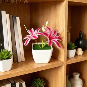 {WELV}3 Stem Fake Jasmine Plant in Pot for Tabletop Shelf Accent Decor White to Purple