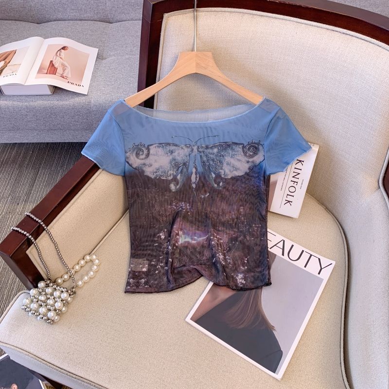 Milyfashion Pure Desire Blue In Kem Chống Nắng Cổ Phẳng Tay Ngắn T Mùa Hè Gạc Quan Điểm Gợi Cảm