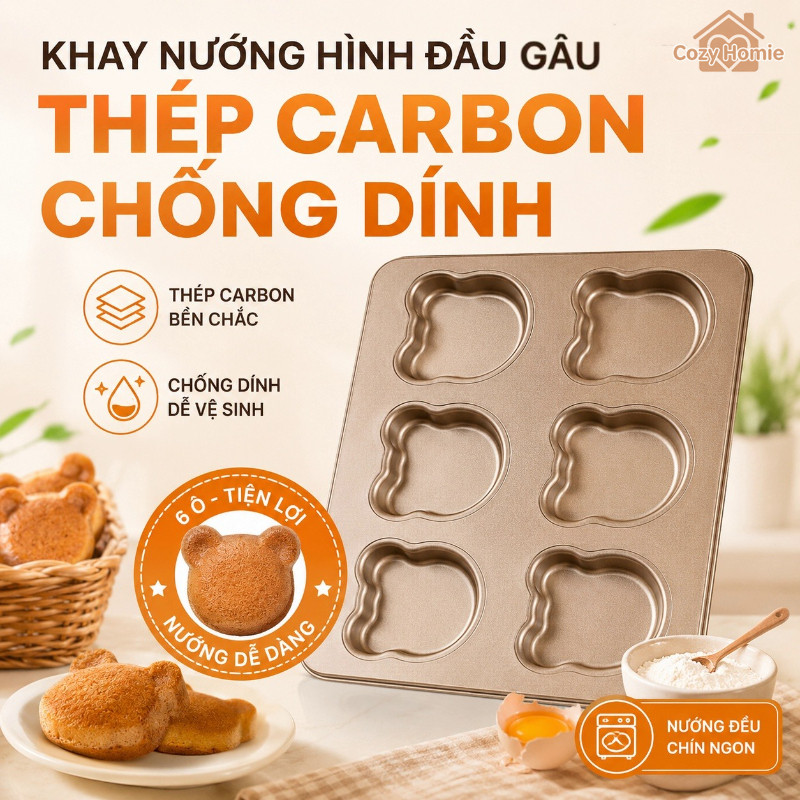 Khuôn làm bánh 6 ô chống dính thép carbon dẫn nhiệt đều dùng lò nướng chắc chắn dễ lấy bánh ra