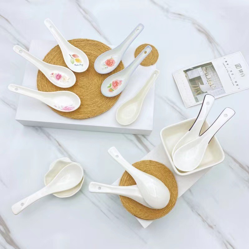Thìa Canh Gốm Đáy Bằng Thìa Hộ Gia Đình Thìa Uống Súp Khách Sạn Nhà Hàng Xương Trung Quốc Thìa Sáng Tạo Hai Kim