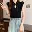 Mùa hè Phong cách mới Phong cách dân tộc Yếu tố phong cách Trung Quốc mới Khóa đứng cổ áo dệt kim Thiết kế áo Vest cảm giác xếp li hàng đầu