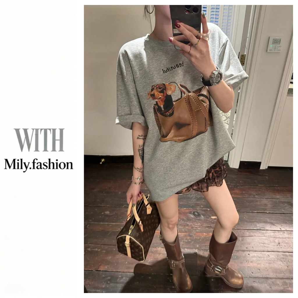 Milyfashion Phong Cách Hàn Quốc Puppy In Hình Vai Chính Hãng Rời Áo Thun Tay Ngắn Mùa Hè Phong Cách Mới Lười Tất Cả Trận Đấu Cotton Nguyên Chất Top oversize 76IS