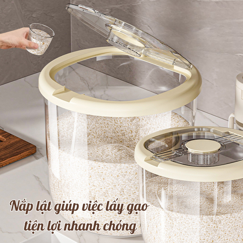 Thùng Đựng Gạo Nắp Lật Kín Khí Cao Cấp – Hộp Đựng Gạo Nhựa Trong Kèm Cốc Đong Tiện Lợi, Chống Ẩm Mốc
