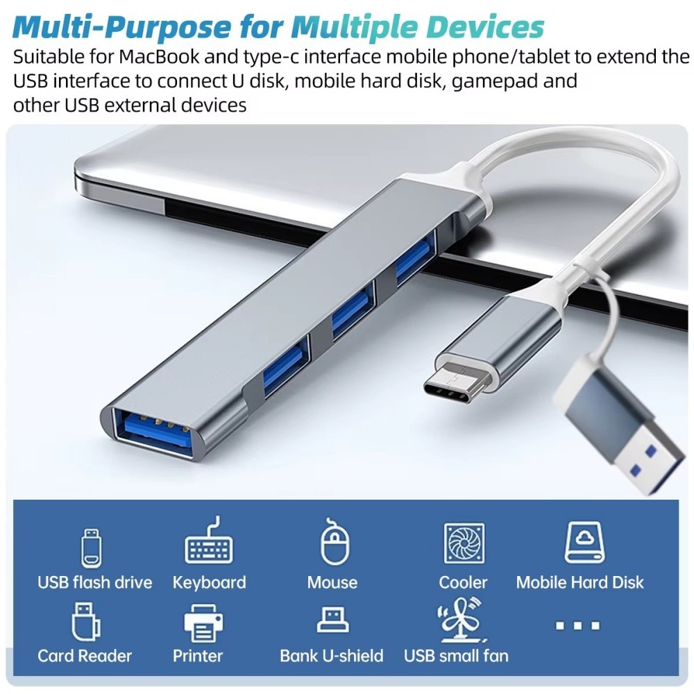 Bộ Chuyển Đổi USB 2 Trong 1 USB 3.0 Docking Ststion HUB 4 Cổng Bộ Chia USB Loại C Adapter Cho MacBook iPad iPhone Laptop Dây Chia