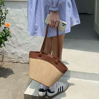 Pháp Retro Túi Rơm Nữ Kỳ Nghỉ Đi Biển Phong Cách Thường Ngày Phong Cách Phương Tây Tất Cả Trận Đấu Giỏ Rau Túi Đeo Vai Túi Dệt Thời Trang 0MCQ