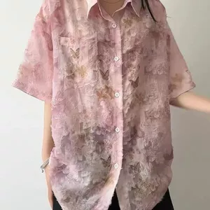 Phong Cách Hợp Thời Trang Cặp Đôi Tua Rua Bướm Hồng Tay Ngắn Nam Nữ Thiết Kế Mùa Hè Áo Sơ Mi Jacquard Bên Biển