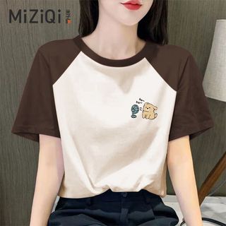 [MIZIQI] Áo thun ngắn tay Cotton nguyên chất dành cho nữ, cổ tròn in hình hoạt hình màu tương phản dáng rộng