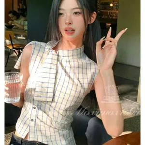 Áo sơ mi không tay cổ cao có dây buộc hẹp phong cách Hàn Quốc dáng ôm hơn Tính khí phù hợp cho mọi trận đấu Slim-Fit