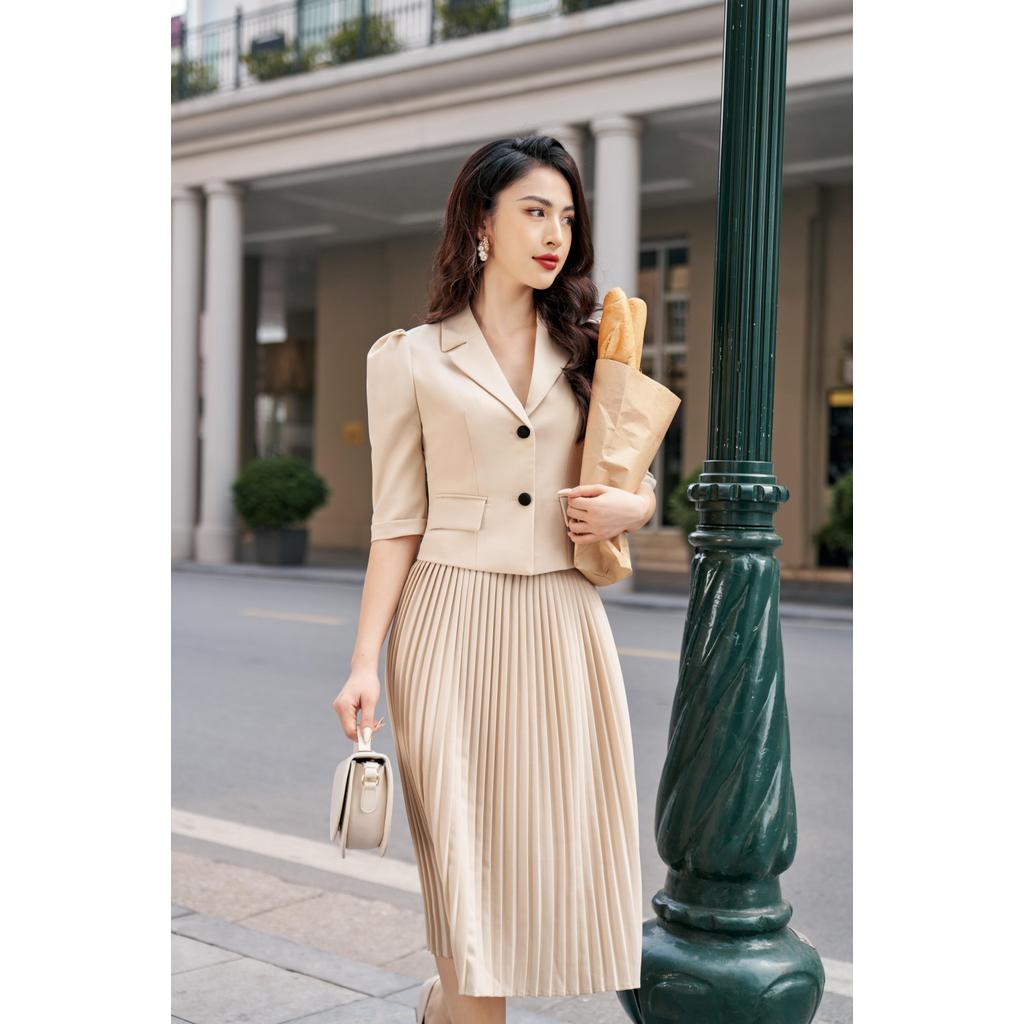 Set đồ công sở ELLA DORA áo cổ ve tay bồng phối chân váy xếp ly form gọn thanh lịch [AK22 + CLT06]