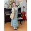 Bộ đồ tươi mát mùa hè Phiên bản Hàn Quốc Áo sơ mi ren ngắn tay dễ thương dành cho nữ Retro Váy dây đeo kẻ sọc dáng rộng phù hợp