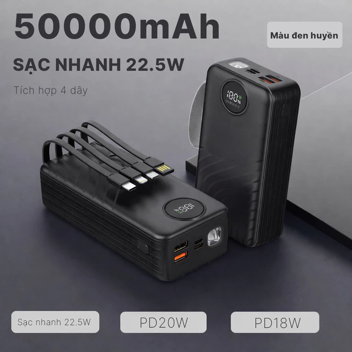 Sạc Dự Phòng 50000mAh Sạc Nhanh 2 Chiều PD20W Tích Hợp Sẵn 4 Cáp Sạc Pin Dự Phòng Đa Năng Có Đèn Pin Chuẩn 3C