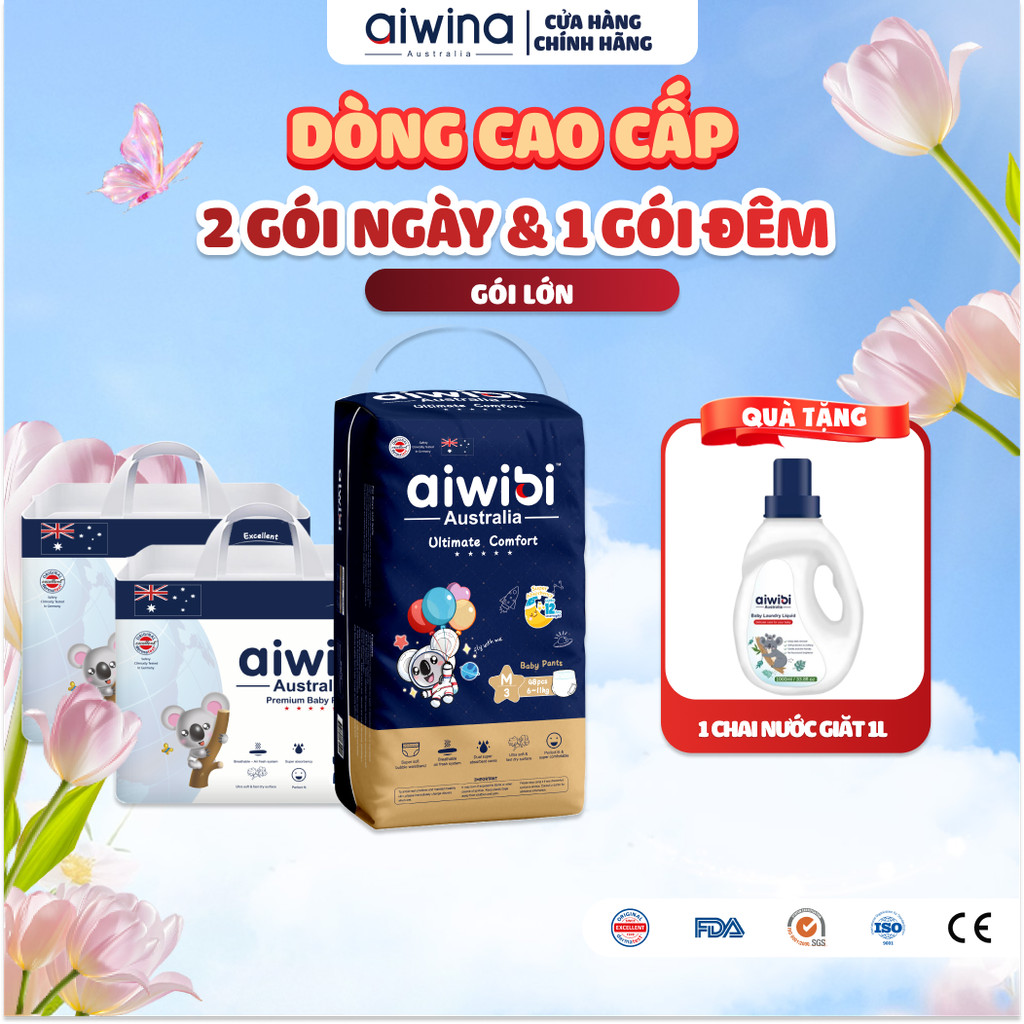 [Combo Ngày & Đêm] Tã/Bỉm Quần Cao Cấp Aiwibi Cho Bé Siêu Thấm Hút - 2 Gói Ngày Lớn + 1 Gói Đêm Lớn