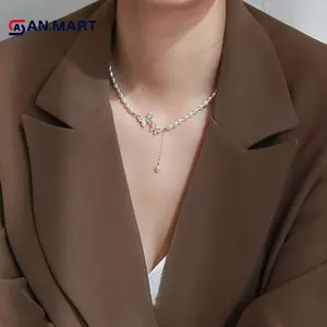 AN.MART Mùa Hè Đôi Kim Cương Giả Bướm Nelace Thời Trang Trắng Giả Ngọc Trai Choker Nelace Cho Nữ Bé Gái Tiệc Cưới Trang Sức VN