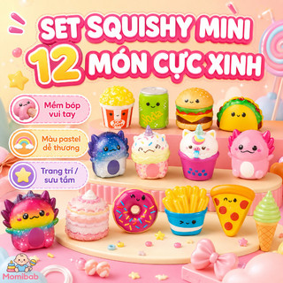 Hộp squishy 12 món – Thức ăn dễ thương, mềm bóp xinh – Màu pastel, nhiều kiểu để chọn – Trang trí bàn, đồ chơi trẻ em