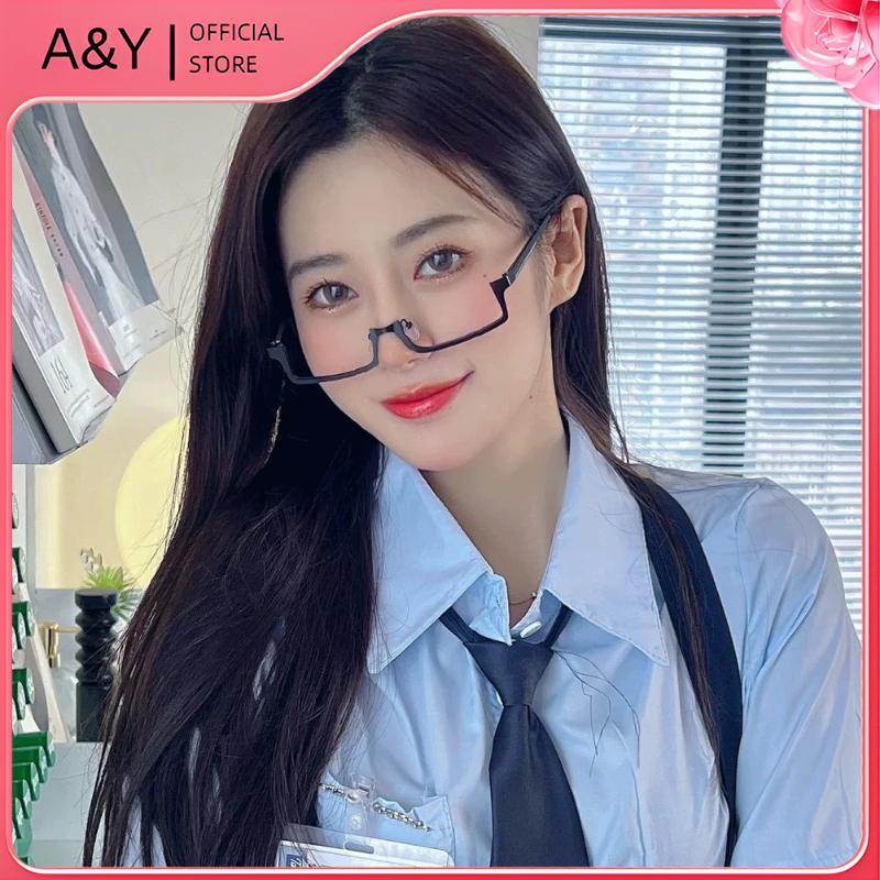 A & Y Y2K Anime Nhật Bản Khung Kính Cosplay Vuông Nhỏ Màu Đỏ Nửa Chiều Không Ống Kính Kính Kính Mắt Hình Chữ Nhật Kim Loại Thời Trang.