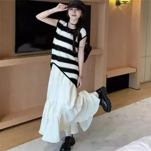 Mùa hè Plus Size Fat MM Thiết kế dáng ôm hơn Sọc không đều Ice Silk Đan Áo Vest không tay Top Quần áo nữ