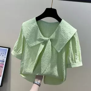 Mùa hè Phong cách mới tươi Áo nữ dáng rộng Size lớn béo mm Áo sơ mi voan bụng