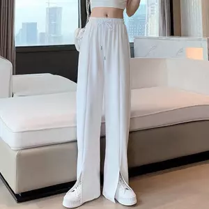 Quần xẻ tà eo cao màu trắng mỏng dáng rộng thon gọn hơn Quần thường ngày dành cho nữ Quần ống rộng xẻ thẳng mùa xuân mùa hè Cotton Polyester