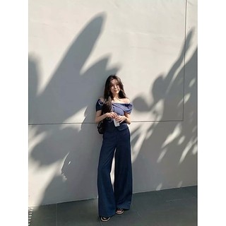 SET BỘ ÁO TRỄ VAI NGẮN CÚC DỌC MIX QUẦN SUÔNG DENIM, BỘ BÒ NỮ