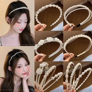 Mới Thanh Lịch Giả Ngọc Trai Đầu Vintage Hoa Hồng Tóc Hoop Ngọt Hai Lớp Đính Hạt Băng Đô Quấn Tóc