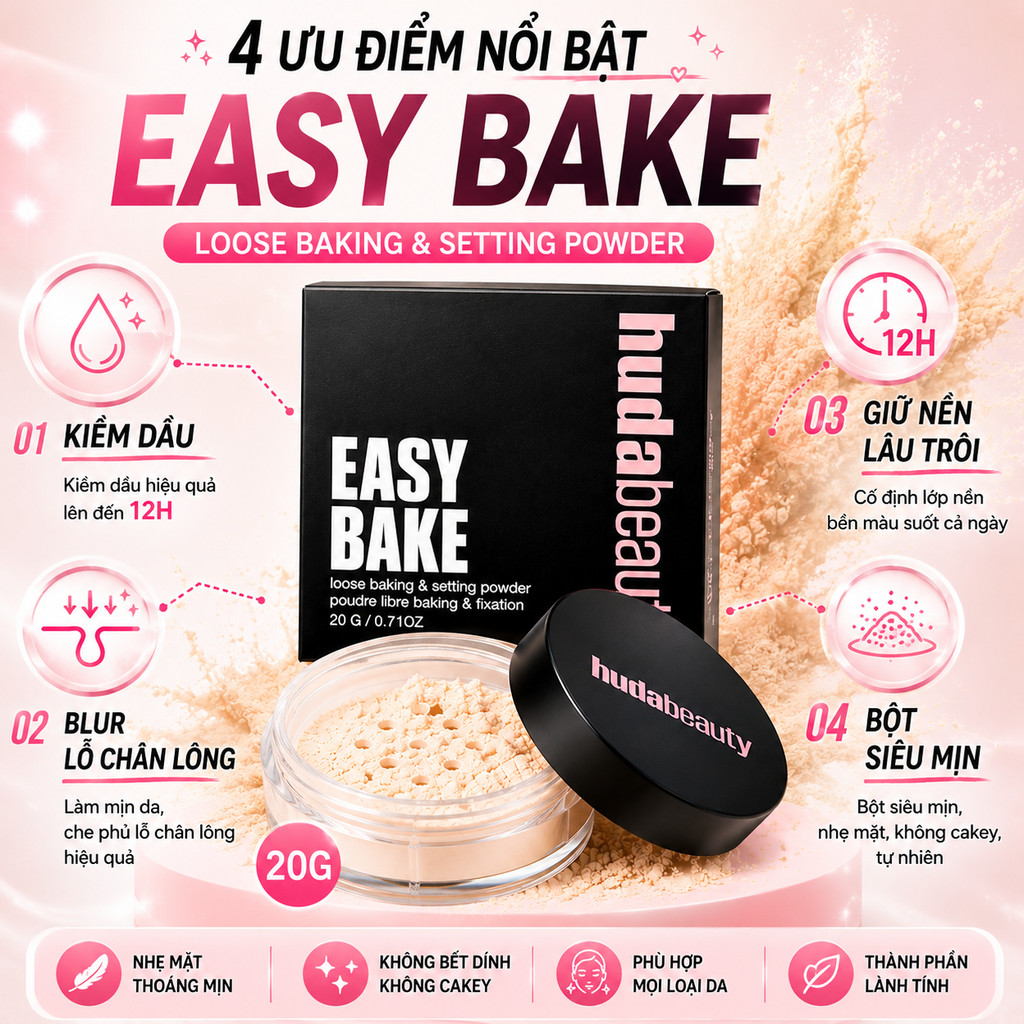HUDA BEAUTY Easy Bake Loose Baking & Setting Powder 20g | Phấn Phủ Kiềm Dầu Làm Mịn Da Hoàn Thiện Lớp Makeup Chính Hãng