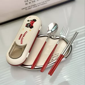 Cam Beiyin Thép Không Gỉ Bên Ngoài Thực Phẩm Bộ Đồ Ăn Thìa Nĩa Đũa Hoạt Hình Mèo Miếng Dán Bộ Đồ Ăn Hộp Bảo Quản Sinh Viên Làm Việc Bộ Đồ Ăn Hộp 6.5