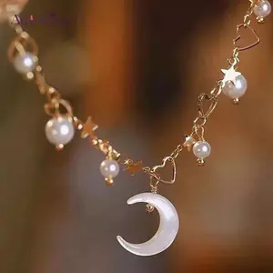 AqToCna Lưỡi Liềm Mặt Trăng Vòng Tay Ngọc Trai Giả Vòng Tay Nữ Tình Yêu Phong Cách Văn Học Vòng Tay Rỗng Trang Sức Gửi Đến Bestie Quà Tặng AqToCna