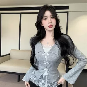 Pháp Slim-Fit Slimmer Nhìn Dài Tay Top Bán Chạy Pure Desire Ren Khâu Giả Hai Mảnh Đáy Áo Sơ Mi Nữ Quần Lót Ngọt Ngào Cô Gái