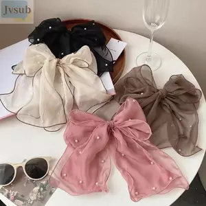 JVSUB Nơ Kẹp Tóc, Sợi Ngọc Trai Ruy Băng Nơ Kẹp Tóc, Voan Thanh Lịch Quá Khổ Đuôi Ngựa Kẹp Nữ