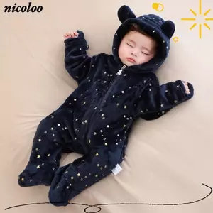 Bộ áo liền quần trẻ sơ sinh NICOLOO, Bộ đồ liền thân mềm mại ấm áp mùa thu đông, Đồ ngủ 0-12M Flannel Jumpsuit Quần áo cho bé trai và bé gái