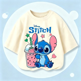 Áo Thun Hè Trẻ Em Màu Trắng In Stitch & Trà Sữa, Chất Vải Bông Mềm Thấm Mồ Hôi COD