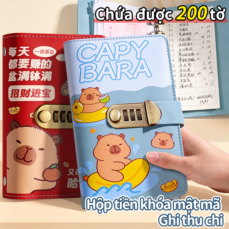 Sổ tiết kiệm đựng tiền Capybara bìa da PU khóa mật mã 100 trang quản lý chi tiêu cho bé người lớn