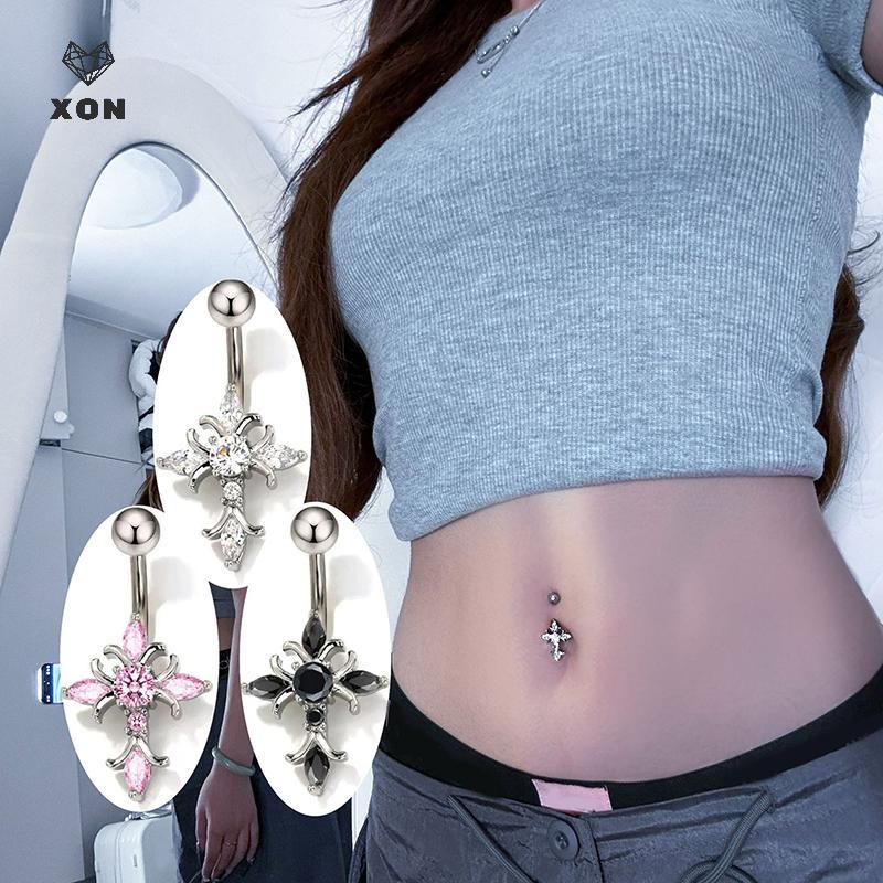 [XON] Christian Cross Rốn Piercing Trang sức 14G Titan Barbell Người phụ nữ Phụ kiện tôn giáo Nhẫn nút bụng màu bạc vàng [Mina]