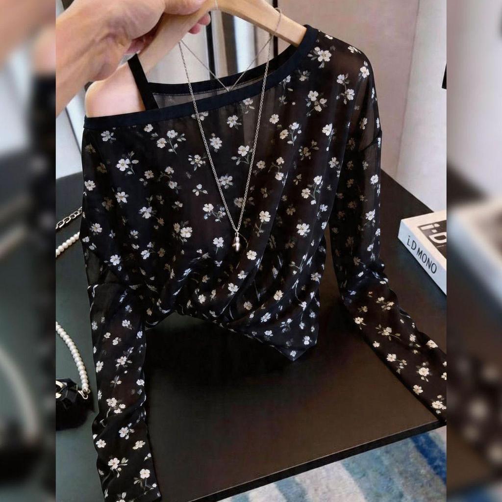 [Giảm giá trong thời gian có hạn] Áo dài tay họa tiết hoa cổ điển kiểu Pháp, thiết kế mùa hè lệch vai màu đen Thiết kế mùa hè Cảm giác tính khí mỏng hơn Nhìn phù hợp với kích thước lớn