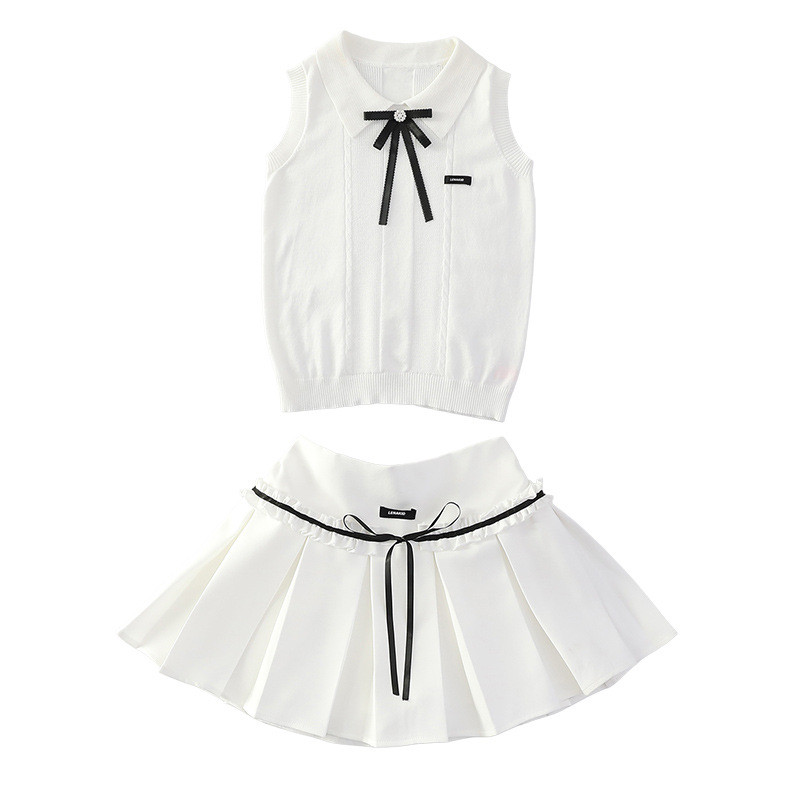 Bé Gái Mùa Hè Preppy Phong Cách Nơ Băng Lụa Áo polo 2026 Phong Cách Mới Trẻ Em Ngọt Ngào Không Tay Top