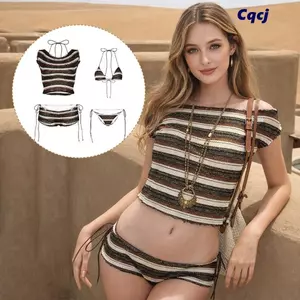 Đồ bơi nữ CQCJ, Chi tiết thắt dây buộc Bikini đi biển cổ điển, Bộ 4 mảnh thời trang Quần lót nhỏ vừa vặn Đồ đi biển nghỉ mát mùa hè