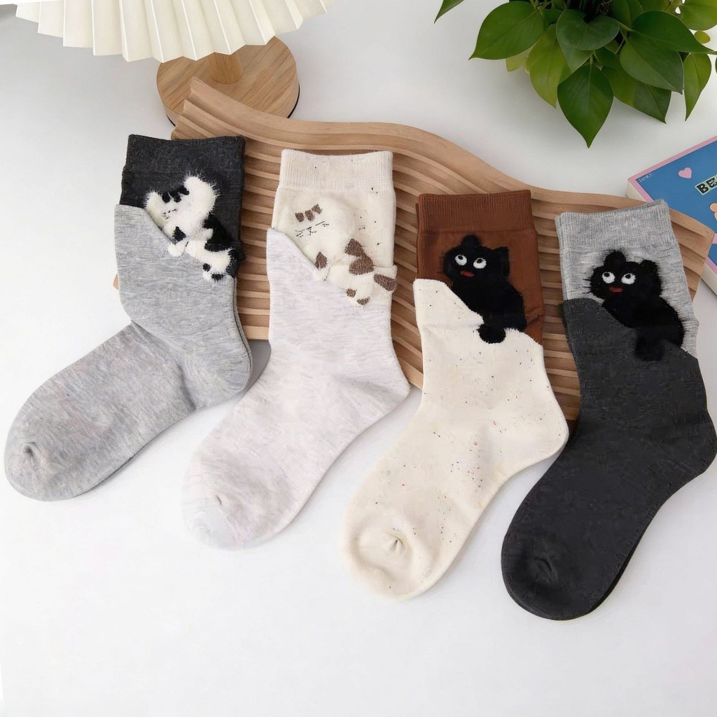 Set 4 đôi tất cao cổ mèo ôm cổ cotton thấm hút thông thoáng MUN STORE TME2M095